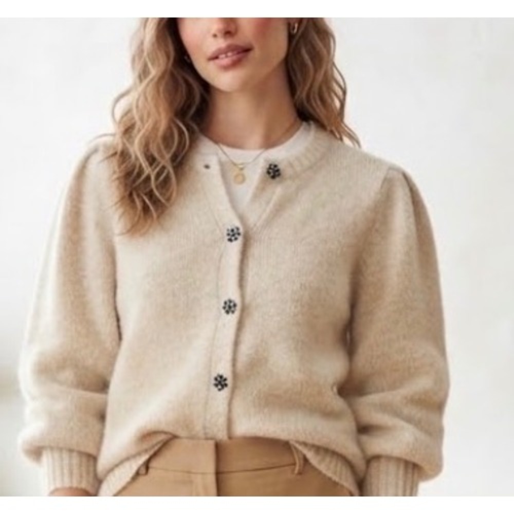 Zara Heather Oatmeal Knit Cardigan Balloon Sleeve Rhinestone Flower Button 13/14